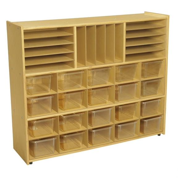 Childcraft ABC Furnishings Storage Unit, 3 Shelves, Cubbies With Inserts, 20 Clear Trays, 48 x 13 x 40 Inches