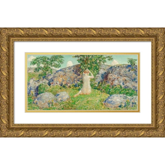 Childe Hassam 18x11 Gold Ornate Wood Frame and Double Matted Museum Art Print Titled - The Rocks of Cape Ann (1918)