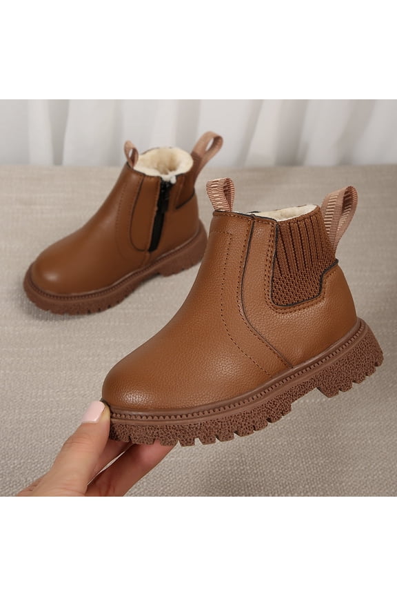 Childen Winter Ankle Boots Boys Girls Chelsea Boots with Side Zipper Warm Fleece Lined Non-Slip Casual Shoes