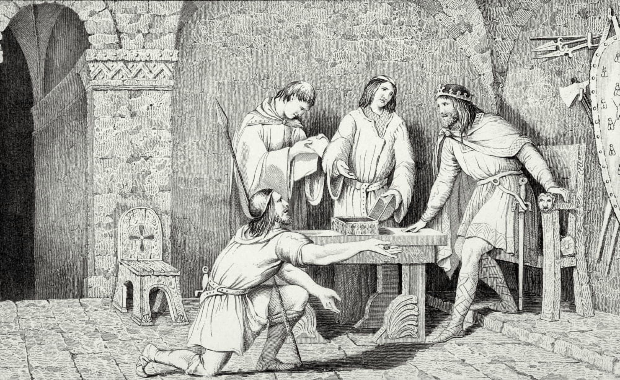 Childeric I Circa 437 To Circa 482 And The Story Of The Two Halves Of The Gold Coin From Histoire De France By Colart Published Circa 1840 Canvas Art - Ken Welsh Design Pics (18 x 11)