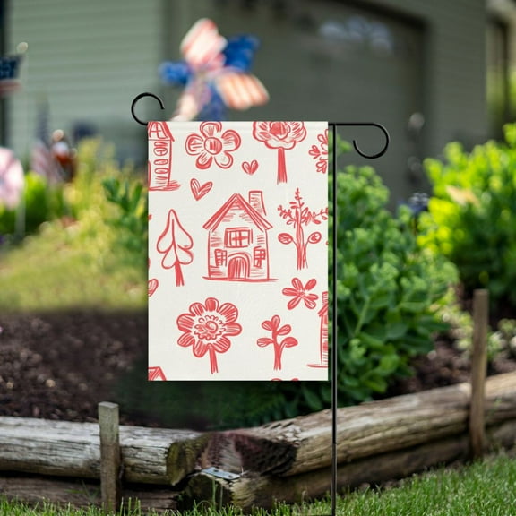 Childish Drawing Houses Garden Flag Double Sided Outdoor Banners for Courtyard Outdoor Lawn Farmhouse Holiday Decorations