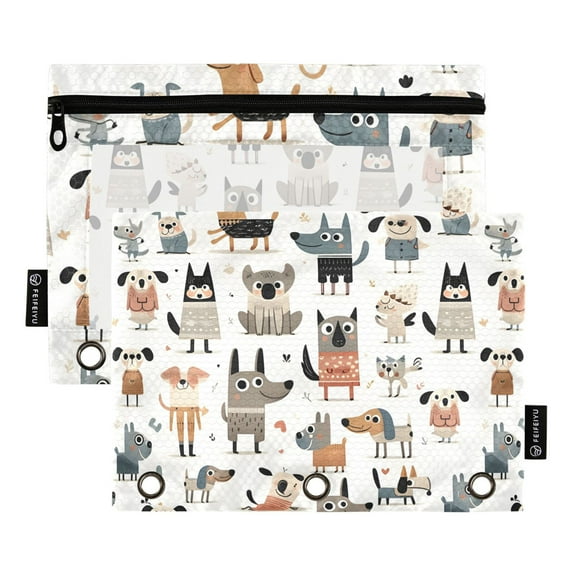 Childish Funny Dogs 2 Pack Pencil Pouch for 3 Ring Binder Smooth Zipper Folders with Pockets Clear Window Pencil Case