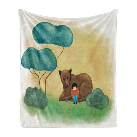 Childish Soft Flannel Fleece Blanket, Boy Reading Along Bear in the Forest Imagining Fantasy Dreamland Cartoon, Cozy Plush for Indoor and Outdoor Use, 50" x 70", Teal Khaki and Umber, by Ambesonne