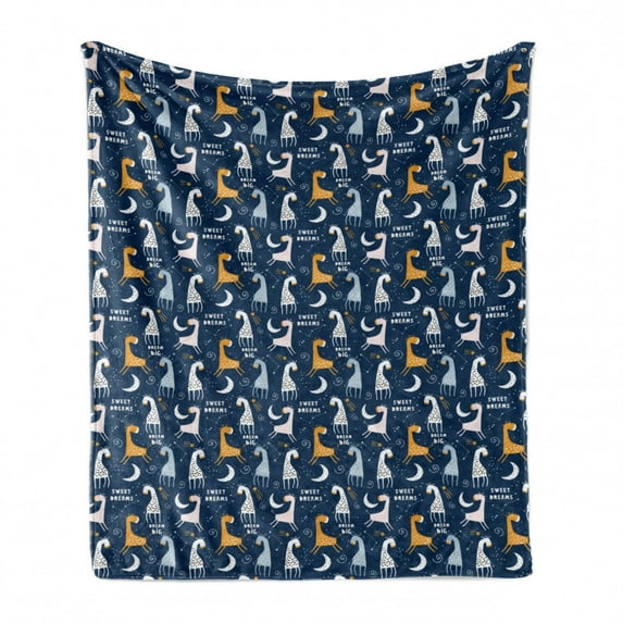 Childish Soft Flannel Fleece Blanket, Giraffes Along Dream Big Messages Moon Constellation Stars Concept, Cozy Plush for Indoor and Outdoor Use, 50" x 60", Night Blue Orange and Rose, by Ambesonne