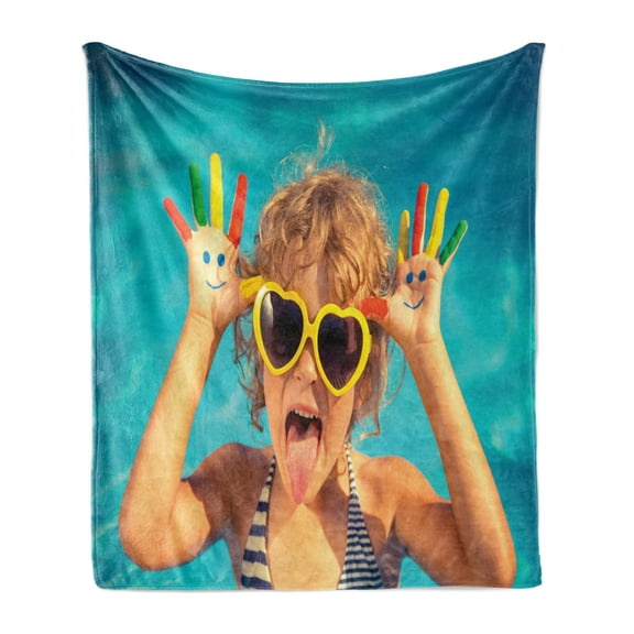 Childish Soft Flannel Fleece Blanket, Photo of a Funny Boy Drawing Smile on Hands in Swimming Pool Summer Vacation Theme, Cozy Plush for Indoor and Outdoor Use, 50" x 60", Multicolor, by Ambesonne