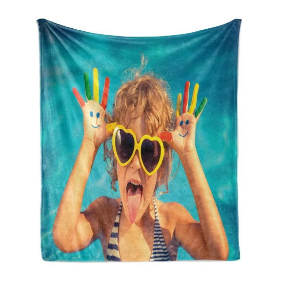 Childish Soft Flannel Fleece Blanket, Photo of a Funny Boy Drawing Smile on Hands in Swimming Pool Summer Vacation Theme, Cozy Plush for Indoor and Outdoor Use, 50" x 70", Multicolor, by Ambesonne