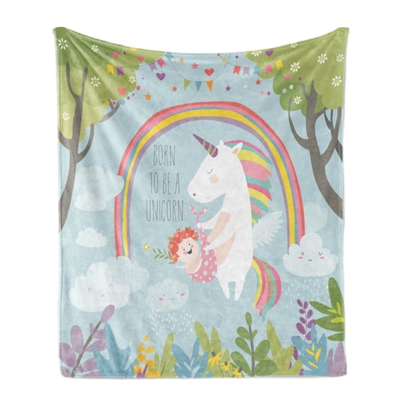 Childish Soft Flannel Fleece Throw Blanket, Born to Be a Unicorn Lettering Along a Little Child Fairytale Rainbow Clouds, Cozy Plush for Indoor and Outdoor Use, 50" x 70", Multicolor, by Ambesonne