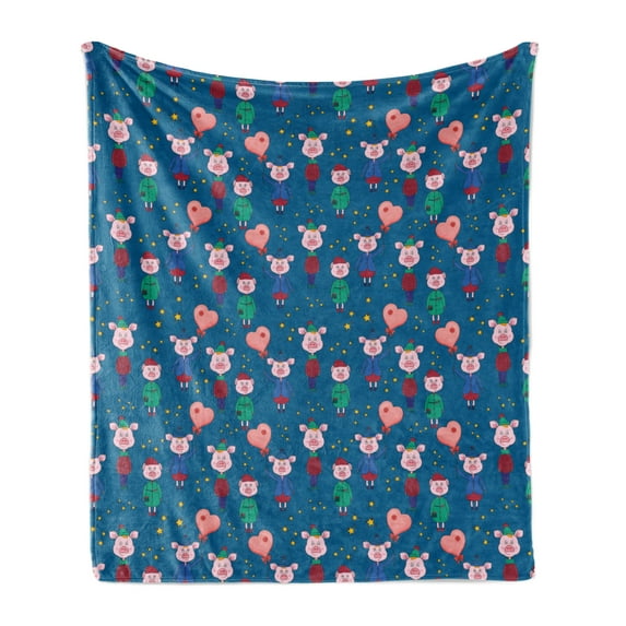Childish Soft Flannel Fleece Throw Blanket, Images of Pink Pigs Wearing Clothes and Balloons Hearts Along Yellow Stars, Cozy Plush for Indoor and Outdoor Use, 70" x 90", Multicolor, by Ambesonne