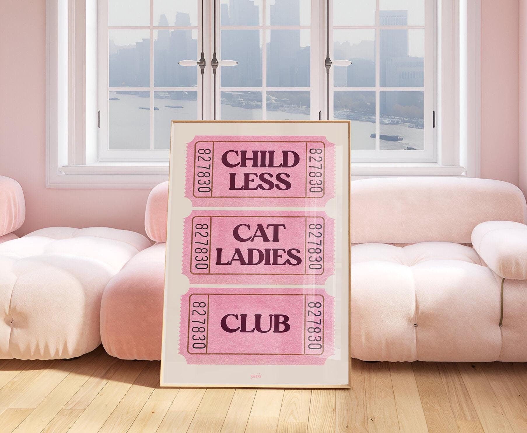 Childless Cat Ladies Club Poster Retro Pink Ticket Wall Art Trendy ...