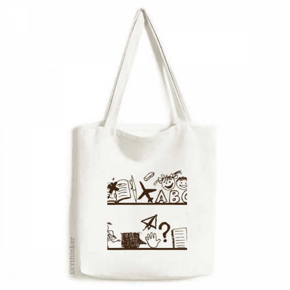 Childlike Children Cute Illustration Bookshelf Tote Canvas Bag Shopping Satchel Casual Handbag