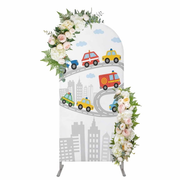 Childlike Fun Arch Backdrop Cover 6.6FT, Abstract Modern City Car Silhouette Watercolor Spandex Fitted Stretchy Arch Stand Covers, Round Top Chiara Backdrop Cover for Wedding Party Birthday