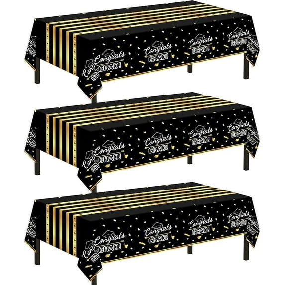 3 Pack Graduation Tablecloth,Graduation Party Decorations 2025, Black and Gold Tablecloths for Rectangle Tables, 54"x108" Disposable Plastic Table Cloth for Congrats Grad Party Birthday Wedding Decors