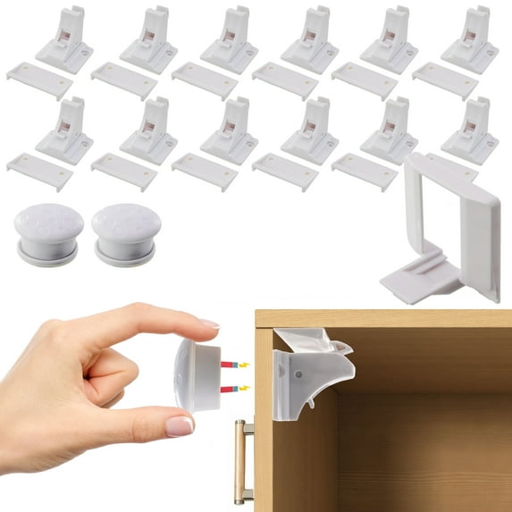 Childproof Magnetic Cabinet Locks- 12pc Set Toddler & Babyproof Drawer & Door Safety Latches - No Drill, Strong Adhesive, Hidden Design - Easy Install Cradle with Dual Locking Modes