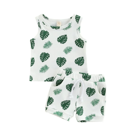 Children 2pcs Clothes Suit Baby Summer Shorts Set Tracksuit Casual Leaf Print Sleeveless Tops+Trousers Newborn Outfit