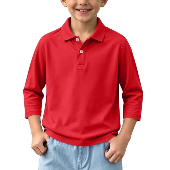 Children 3/4 Sleeve T-Shirt Lapel Collared Button Placket Breathable Pullover Tops for Kids School Sports Daily Wear 11-12Y