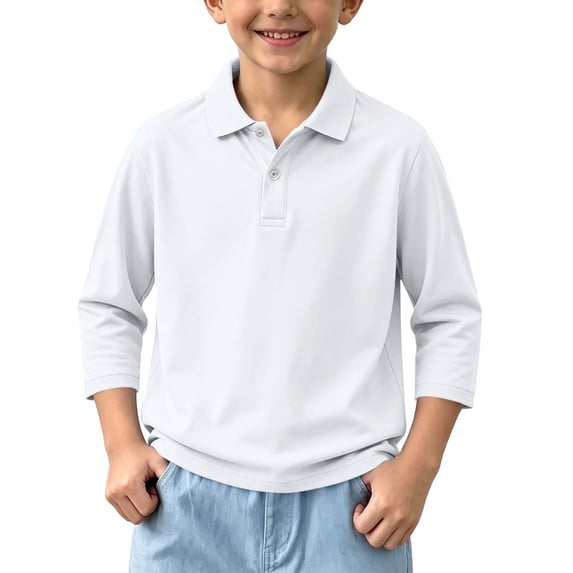 Children 3/4 Sleeve T-Shirt Lapel Collared Button Placket Breathable Pullover Tops for Kids School Sports Daily Wear 11-12Y