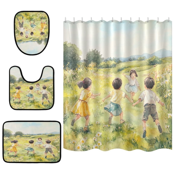 Children Bathroom Accessory Curtain Sets Bath Curtain Anti-Slip Mats and Toilet Pad 66x72in
