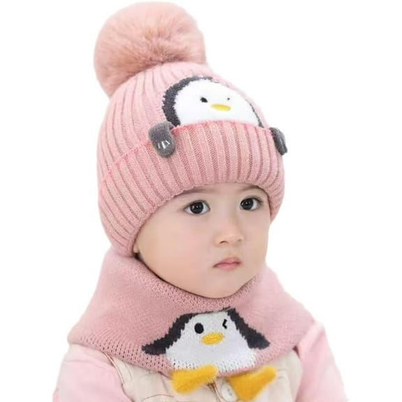 Children Baby Winter Hat Scarf Set, Unisex Infant Toddler Kids Cute Penguin Woolen Hat, Winter Warm Knit Pompom Hat Neck Scarf Two Piece Set