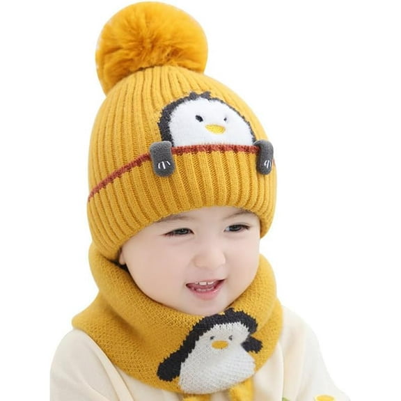 Children Baby Winter Hat Scarf Set, Unisex Infant Toddler Kids Cute Penguin Woolen Hat, Winter Warm Knit Pompom Hat Neck Scarf Two Piece Set