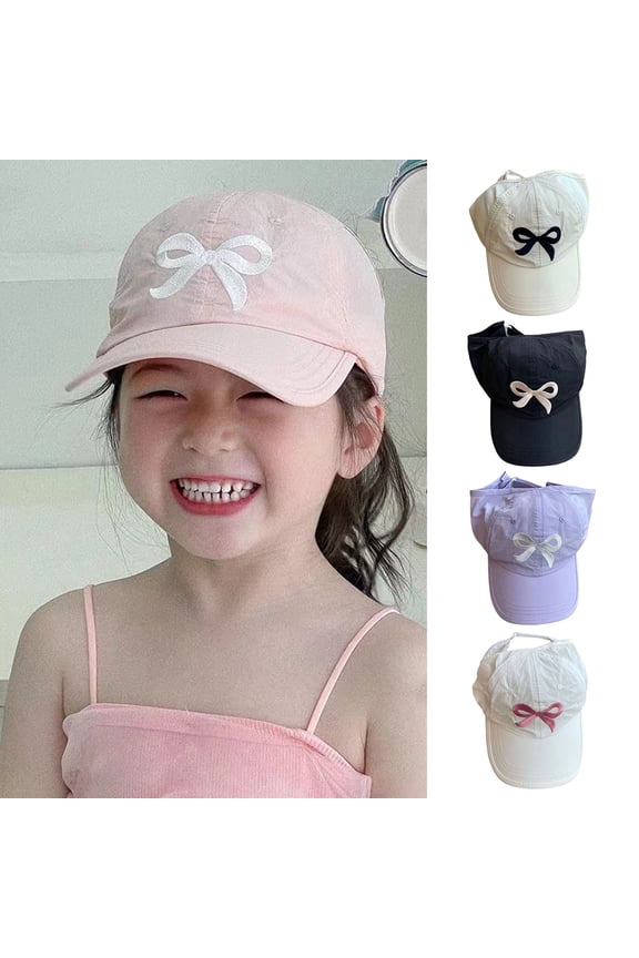 Children Baseball Hat Bow Embroidery Anti-UV Sunshade Long Brim Ponytail Hole Anti-slip Girls Cap Outdoor Hiking Outings School Peaked Hat