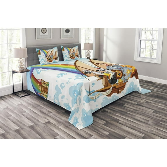 Children Bedspread Set Queen Size, Many Animals on a Boat Noah's Ark in Fluffy Clouds with Rainbow Fantasy Cartoon, Quilted 3 Piece Decor Coverlet Set with 2 Pillow Shams, Multicolor, by Ambesonne