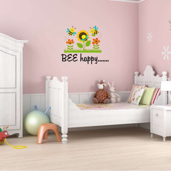 Children Bee Happy Cute Animal Wall Decal Decoration Pretty Sunflower Field with Honey Bees Wall Decal Lasts Years and Easily Removable - Size: 10 In(W) x 8 In(H)