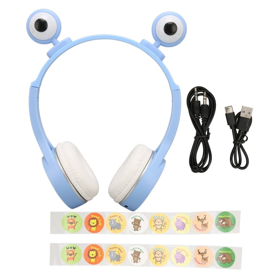 Children Bluetooth Headset Cute Big Eyes Children Cartoon Headphones with LED Light Microphone Blue