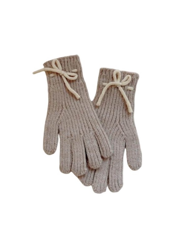 Children Bow Pattern Knitted Gloves, Khaki Soft Winter Mittens