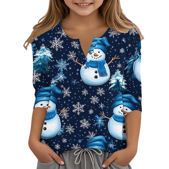 Children Boy Girl V Neck Tshirts Happy Vacation Christmas Casual Button Tops Tee for Kid 3/4 Sleeve Fall Summer Shirts 2025 Clothing Trendy