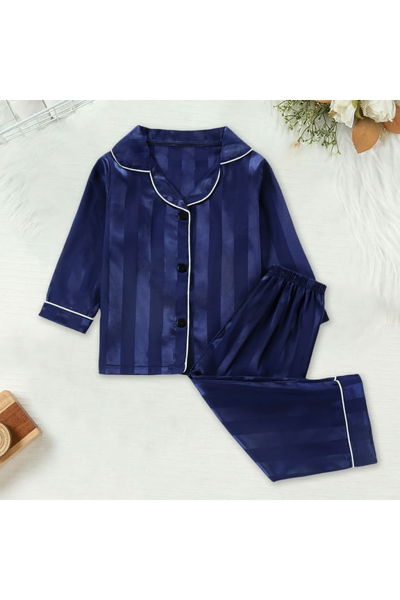 Children Boys Silk Pajamas Set Striped Summer Sleepwear Button Down Long Sleeve Top with Pants Classic Loungewear Tween Pajamas 3-4T