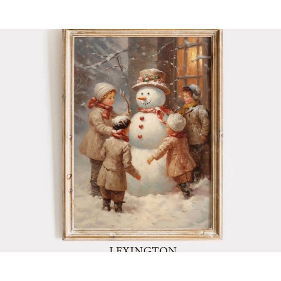 Children Building Snowman Holiday Winter Vintage Wall Art Print, Curated Seasonal Theme For Living Room And Home Decor