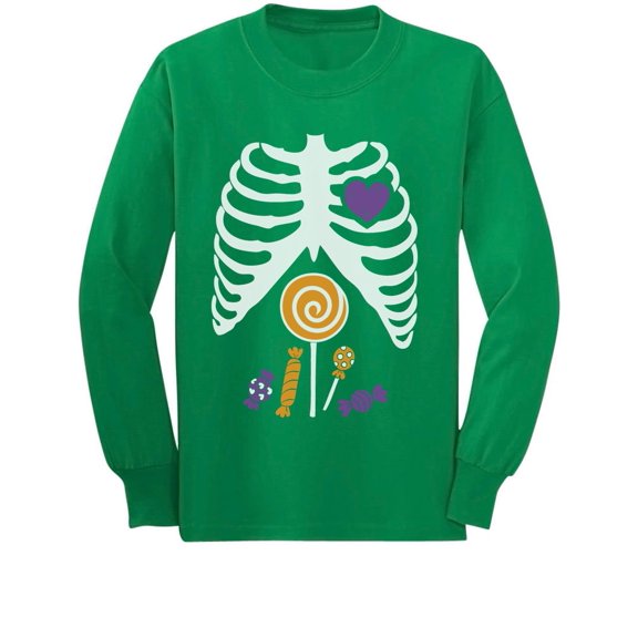 Children Candy Rib-cage X-Ray Skeleton Halloween Long sleeve kids T-Shirt Small Green