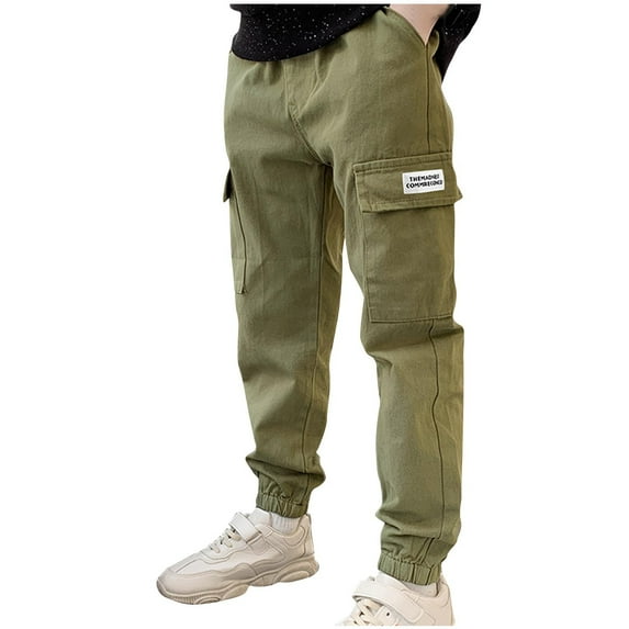 Children Cargo Pants Fashion Casual Solid Color Work Pants Multiple Pockets Straight Leg Outdoor Sports Trousers Army Green 9 Years