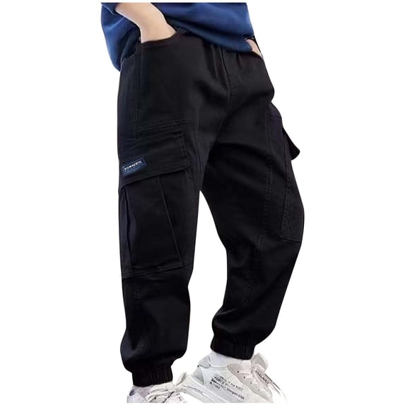 Children Cargo Pants Fashion Casual Solid Color Work Pants Multiple Pockets Straight Leg Outdoor Sports Trousers Black 6 Years