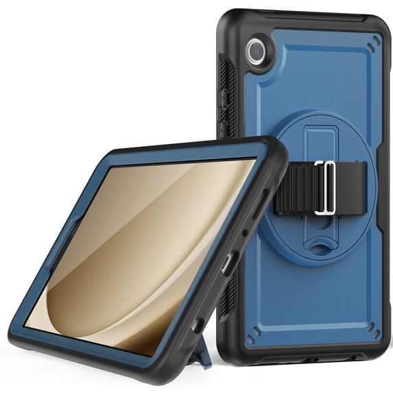 for Kids Rugged Heavy Duty Case for Samsung Galaxy Tab A9 8.7" 2023 SM-X110 / SM-X115, Shockproof 360 Degree Rotatable Kickstand with Handstrap Protective Hybrid Cover Case for Tab A9, Navyblue