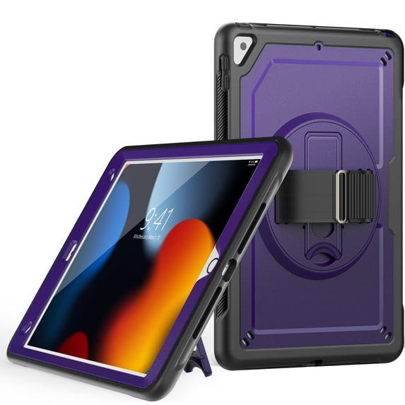 Children Case for iPad 9th/8th/7th Generation, with 360 Rotating Stand, Hand Strap, Shoulder Strap, Pen Holder Full-Body Shockproof Protective Rugged Case for iPad 10.2" 2021/2020/2019 - Purple