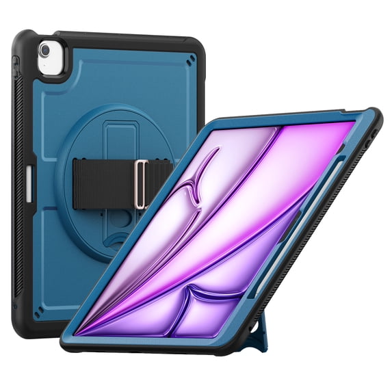for Kids Rugged Heavy Duty Case for iPad Air 13 M3 2025 / Air 13 M2 2024, Shockproof 360 Degree Rotatable Kickstand with Handstrap Protective Hybrid Cover Case for Air 13 2025/2024, Navyblue