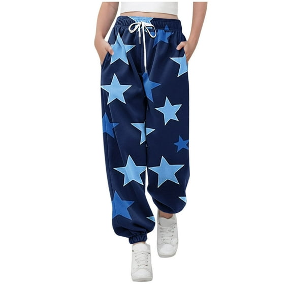 Children Casual Pants Fashion Versatile Stars Print Full Length Lantern Pants Comfortable Lightweight Trousers with Pockets Dark Blue 7 Years