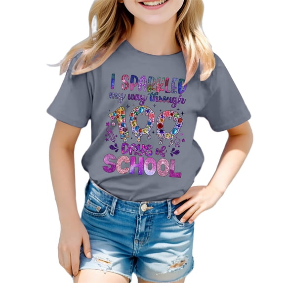 Children Casual Print Round Neck Loose Short Sleeve T Shirt Top School Season 100 Days Celebration