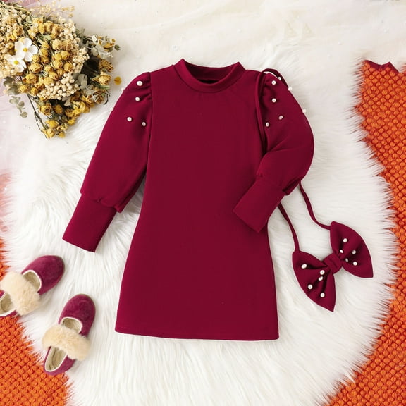 Children Clothes Red Princess Dress Winter Red Round Neck Bubble Sleeve Pearl Embellished Dress And Bowknot Bag 4~7 Years Old Red 4Y