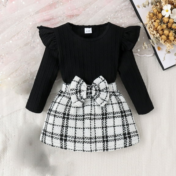 Children Clothes Round Neck Long Sleeve Ruffle Top + Bow Plaid Skirt Set (Suitable From 6 Months To 3 Years) White 3Y