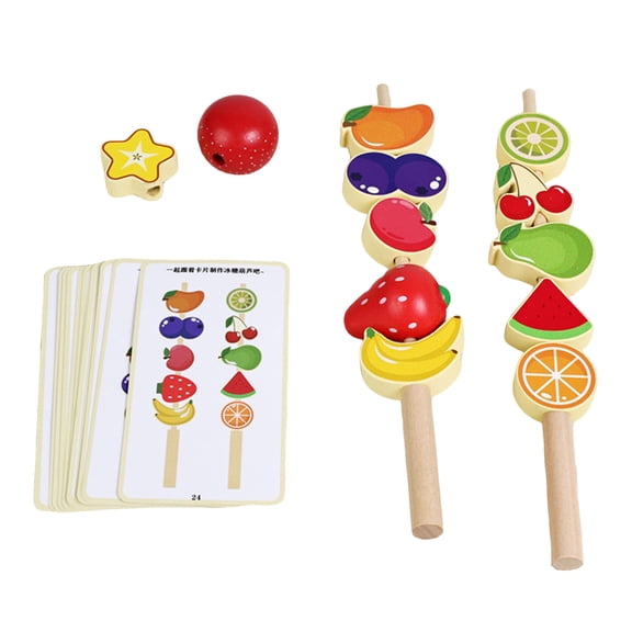 Children Cognitive Game Fruit Lacing Beads Threading Toy Stacking Blocks Pattern Cards Wooden Material For Early Learning Skills And Parent Child Play