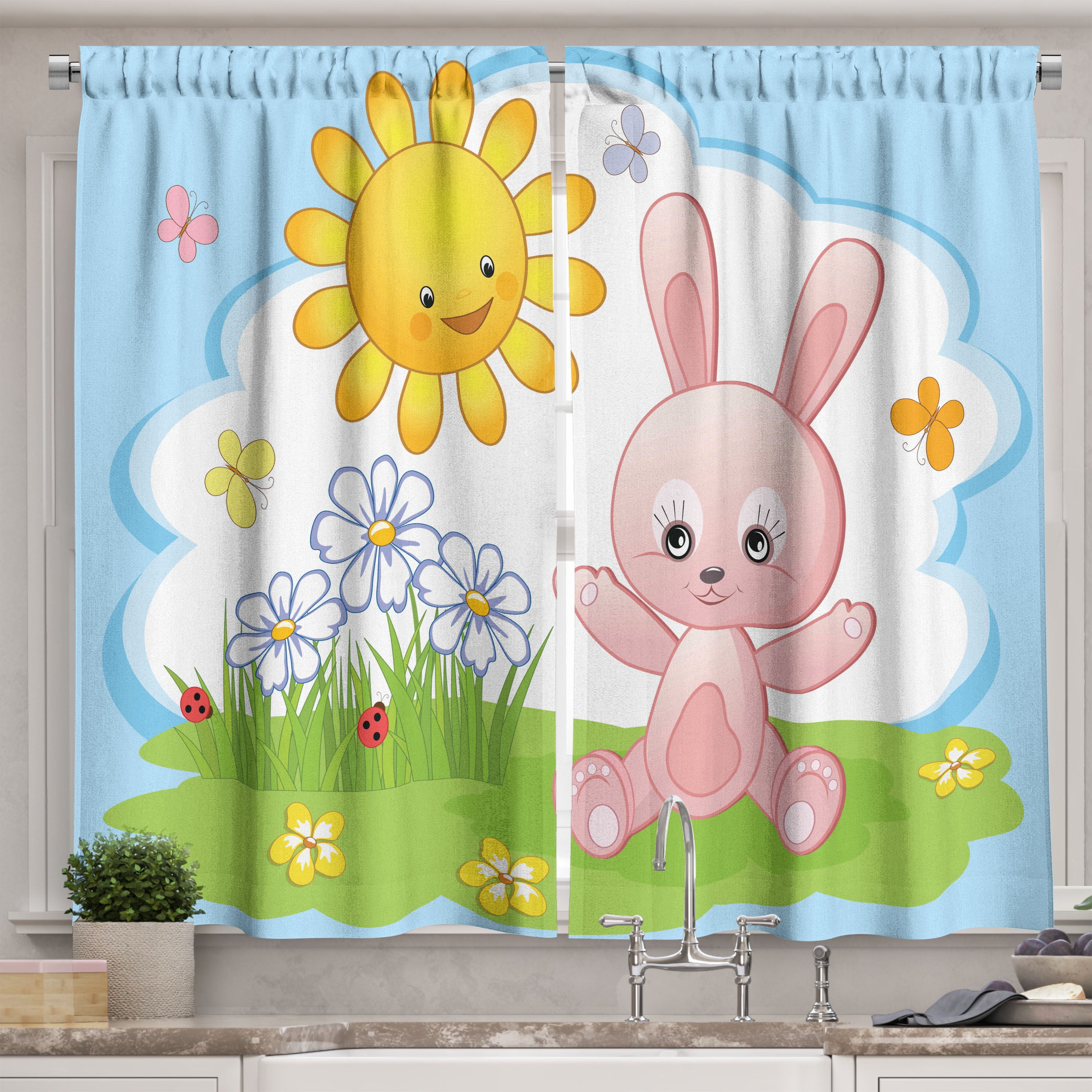 Children Curtains 2 Panels Set, Cute Bunny Rabbit in Flower Garden with ...