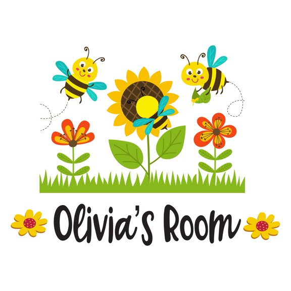Children Cute Animal Wall Decal Decoration Custom Name Cute Cartoon Honey Bee Vinyl Decal Lasts Years and Easily Removable - Size: 40 In(W) x 28 In(H)