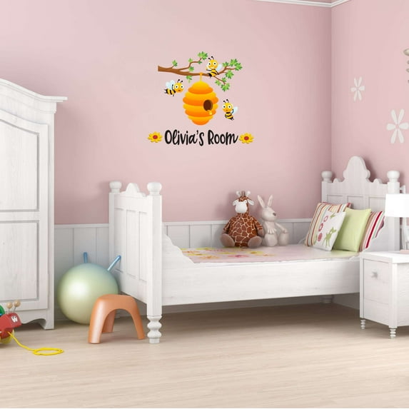 Children Cute Animal Wall Decal Decoration Personalised Beehive on Tree Branch Wall Decal Lasts Years and Easily Removable - Size: 20 In(W) x 18 In(H)