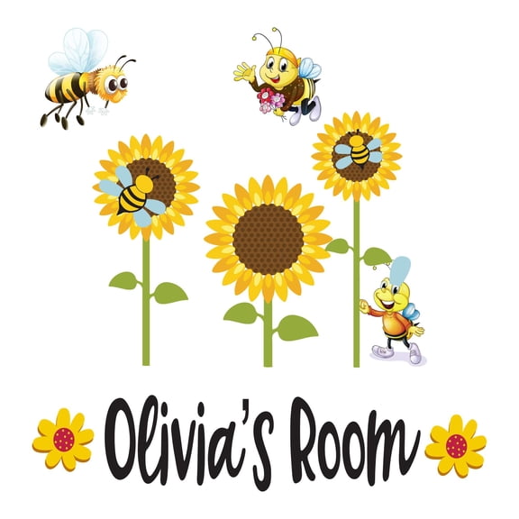 Children Cute Flower Wall Decal Decoration Happy Bee's Glooming in Sunflower field Decal Lasts Years and Easily Removable - Size: 40 In(W) x 40 In(H)
