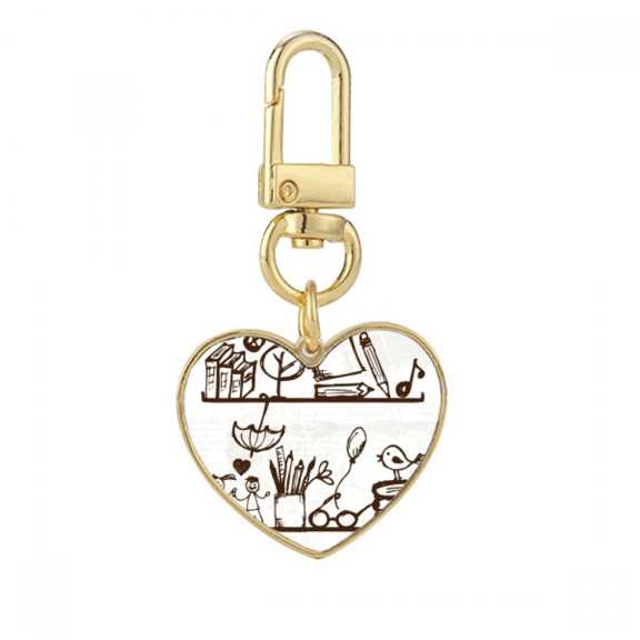 Children Cute Illustration Bookshelf College Gold Heart Keychain Metal Keyring Holder