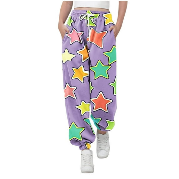 Children Cute Sports Pants Boys Girls Baggy Sweatpants Teens Star Printed Long Pants Street Dance Outdoor Athletic Jogger Pants with Pockets Girls Go Walk Pants Purple 11Y