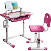 Children Desk Kids Study Child School Adjustable Height Student Table Chair Set with Tilt Desktop, Book Stand, Cup Holder, Steel Hook, Storage Drawer and Height Adjustable Chair Set, Pink
