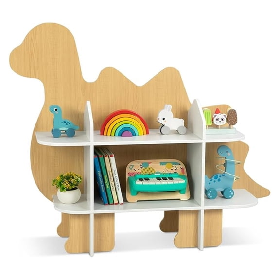 Children Dinosaur Bookshelf, 2-Tier Toddler Bookshelf, Dino Kids Bookcase and Toy Storage Organizer, Montessori Toy Shelf for , Playroom, Nursery and Kindergarten